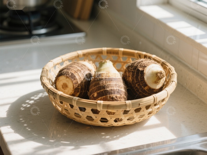 高清大图下载【趣麦麦图】竹篮中的芋头沐浴阳光