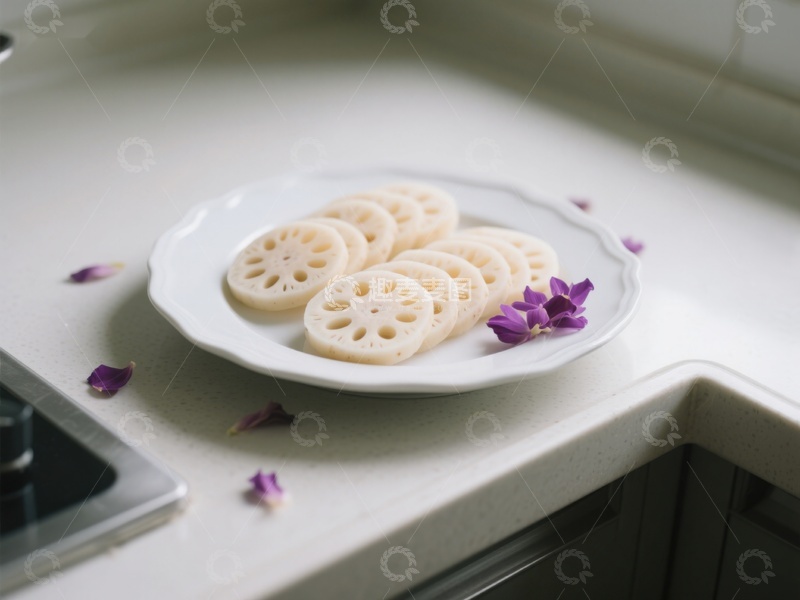 高清大图下载【趣麦麦图】莲藕片摆盘，点缀紫色花瓣