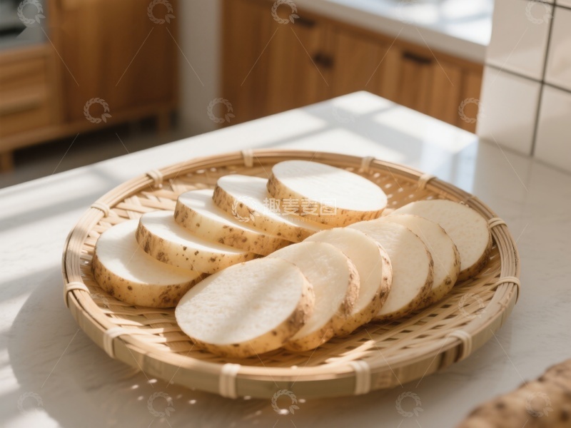 高清大图下载【趣麦麦图】新鲜山药切片置于竹篮中