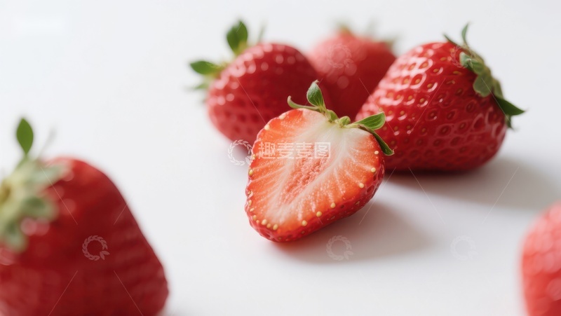 高清大图下载【趣麦麦图】新鲜草莓特写，一颗切开展示内部