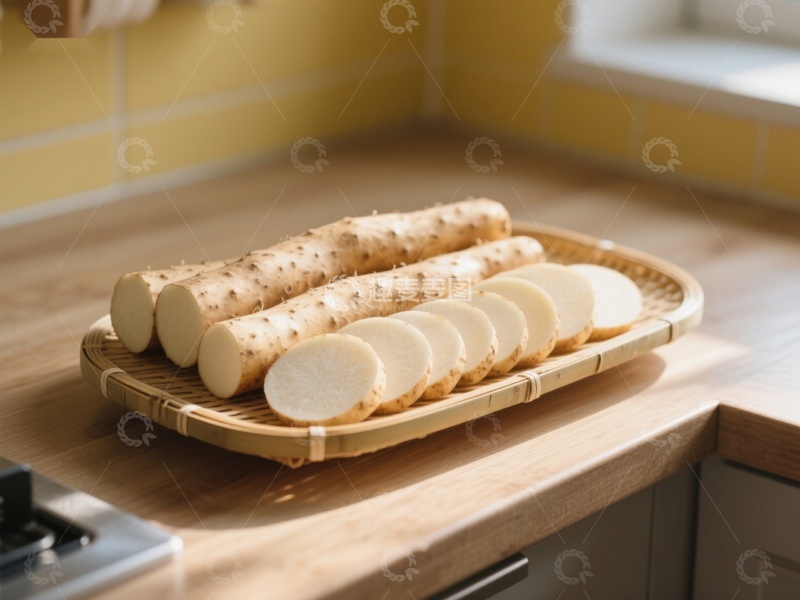 高清大图下载【趣麦麦图】新鲜山药切片置于竹篮中