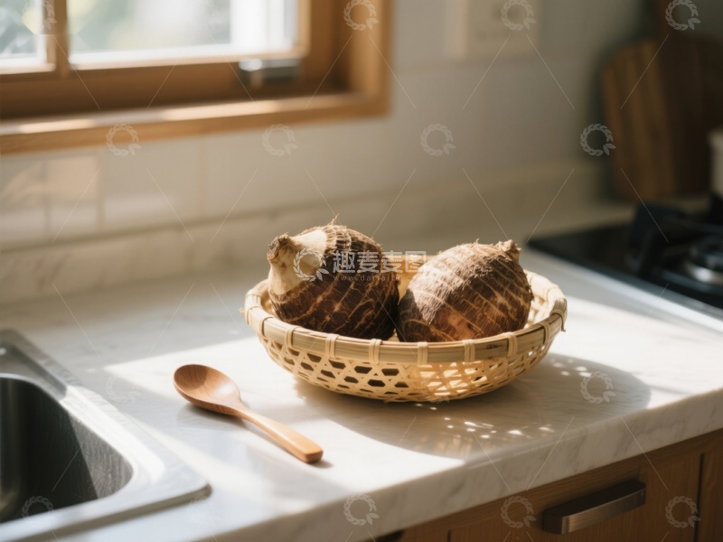 高清大图下载【趣麦麦图】厨房台面上的竹篮芋头
