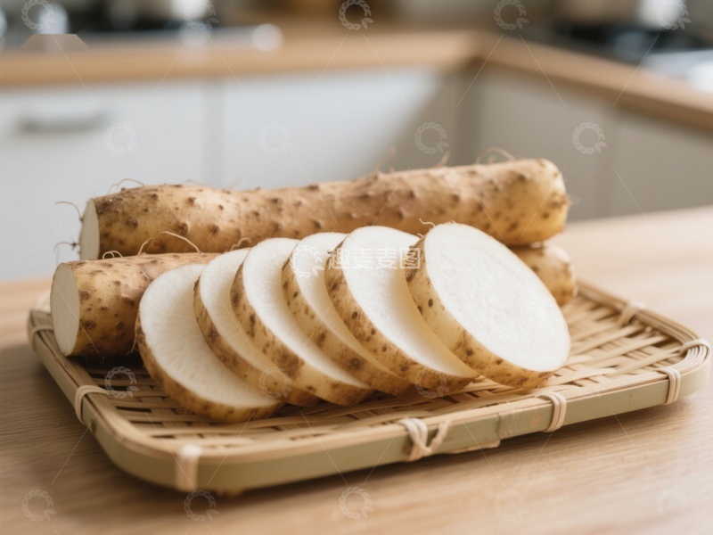 高清大图下载【趣麦麦图】新鲜山药切片置于竹制托盘