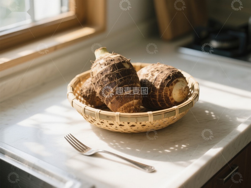 高清大图下载【趣麦麦图】竹篮中的芋头置于窗边
