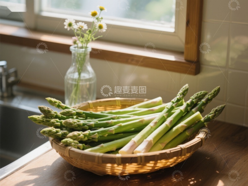 高清大图下载【趣麦麦图】新鲜芦笋置于竹篮中，窗边花瓶点缀