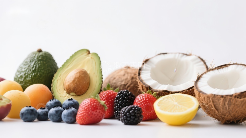 高清大图下载【趣麦麦图】新鲜水果展示：椰子、牛油果与浆果