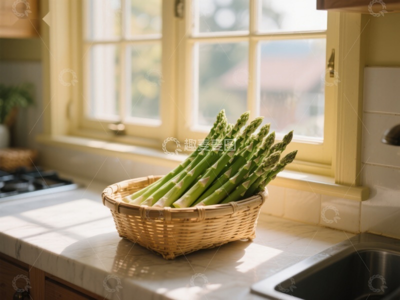 高清大图下载【趣麦麦图】篮子里的芦笋置于窗边