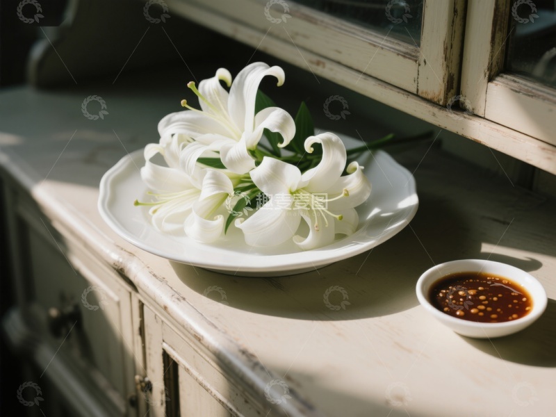 高清大图下载【趣麦麦图】窗边白百合与调味碟
