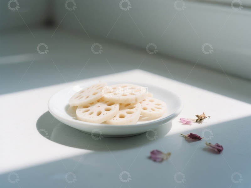 高清大图下载【趣麦麦图】盘中莲藕片与花瓣的静谧组合