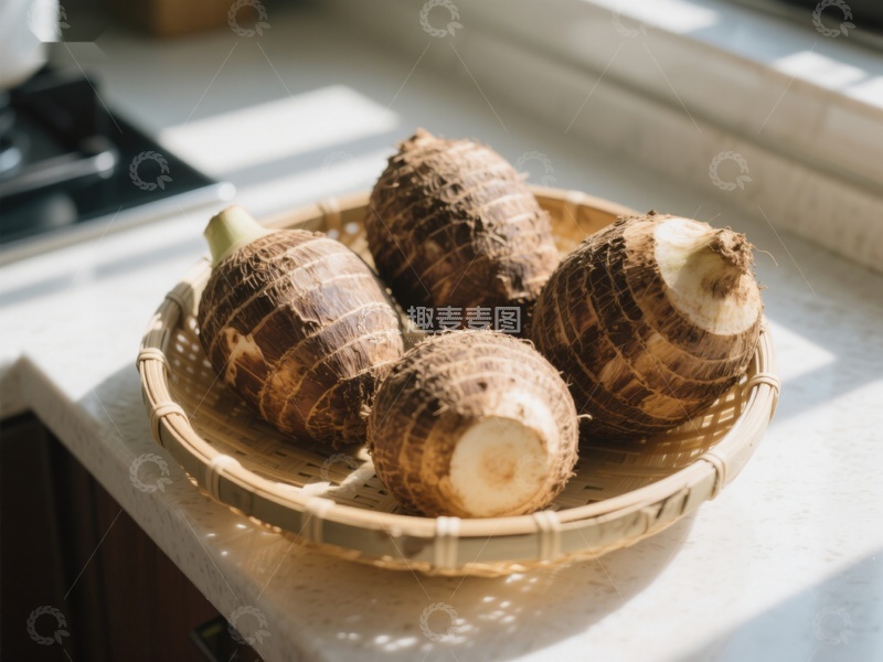 高清大图下载【趣麦麦图】竹篮中的新鲜芋头