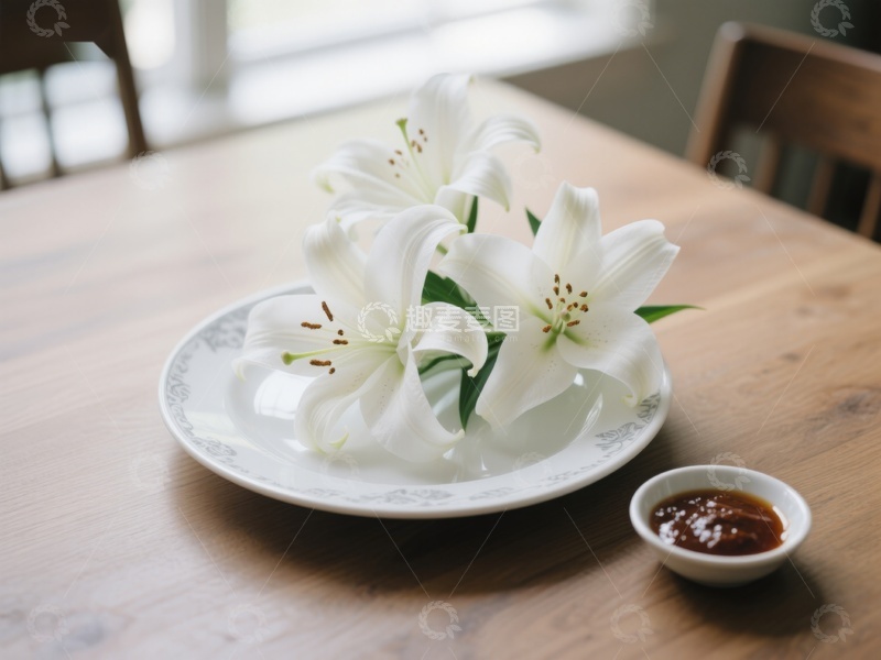 高清大图下载【趣麦麦图】白色百合花置于盘中，桌上点缀小碟酱料