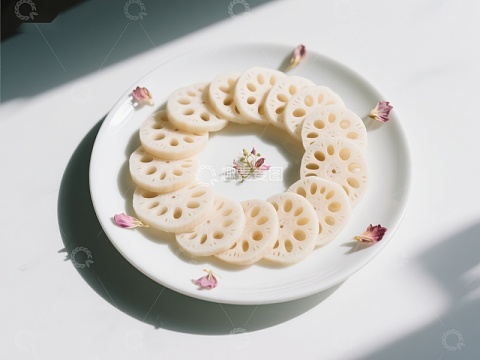 莲藕切片摆盘，点缀花瓣