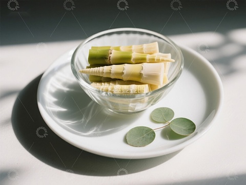 竹笋切片置于透明碗中，配以绿叶点缀