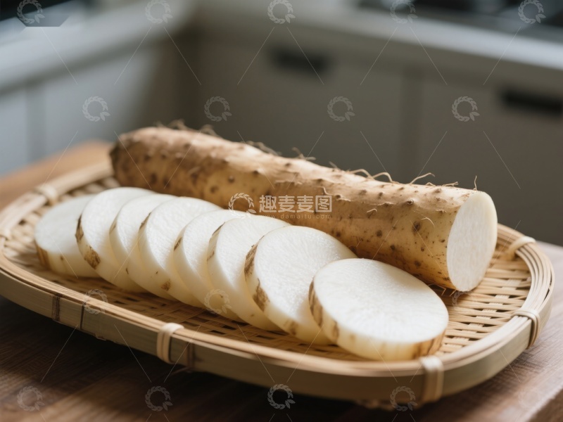 高清大图下载【趣麦麦图】新鲜山药切片置于竹篮中