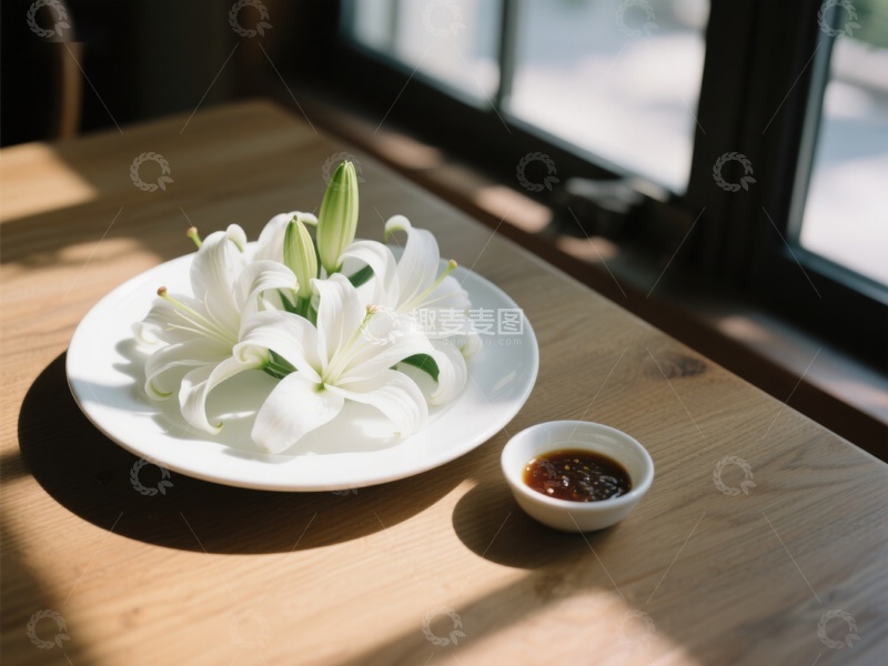 高清大图下载【趣麦麦图】窗边白花与小碟