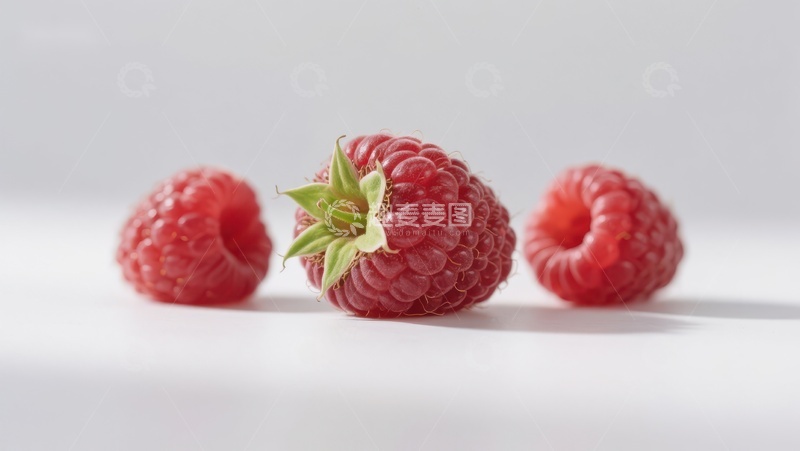 高清大图下载【趣麦麦图】三颗新鲜覆盆子静置白色背景