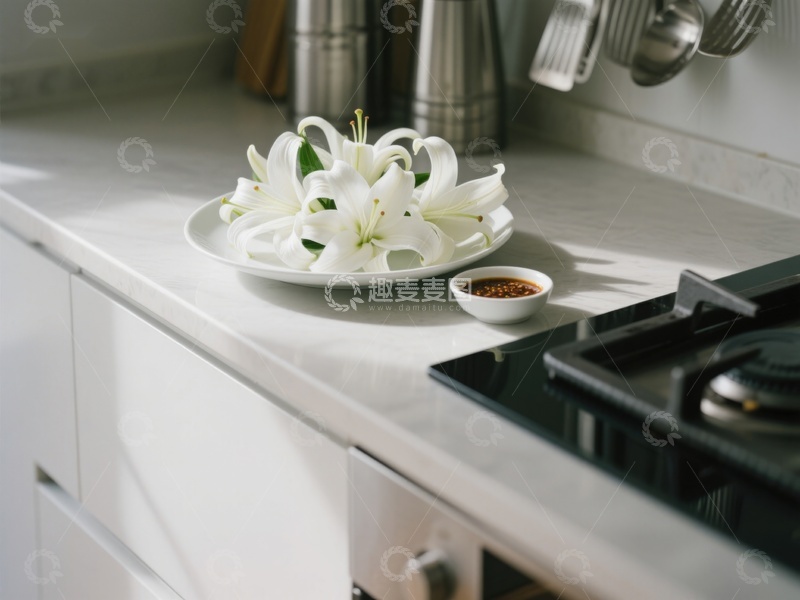 高清大图下载【趣麦麦图】-厨房台面摆放的白色百合花