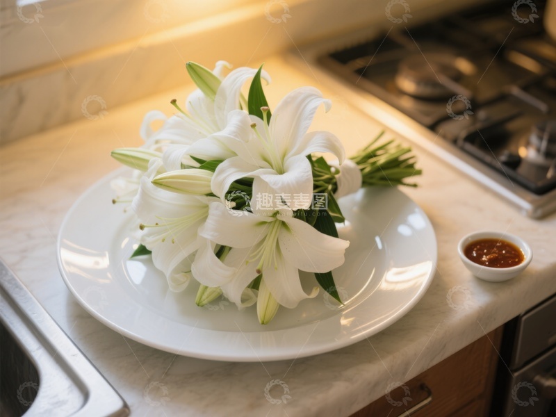 高清大图下载【趣麦麦图】白色百合花置于厨房台面