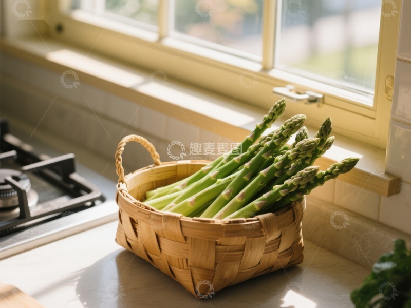 高清大图下载【趣麦麦图】窗边竹篮中的新鲜芦笋