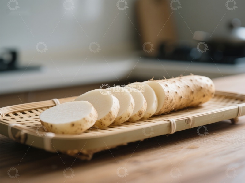 高清大图下载【趣麦麦图】新鲜山药切片置于竹制托盘