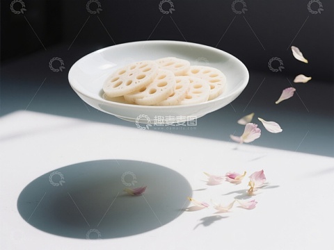 莲藕片与花瓣的静谧组合