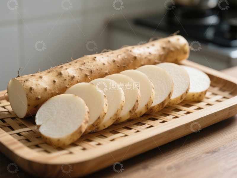 高清大图下载【趣麦麦图】新鲜山药切片置于木质托盘