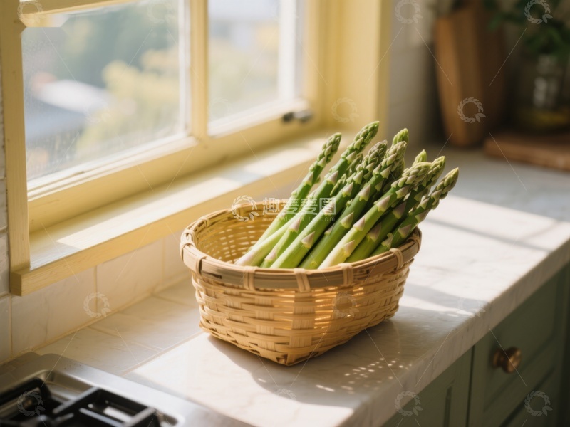 高清大图下载【趣麦麦图】窗边竹篮中的新鲜芦笋