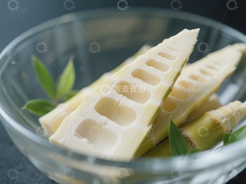 新鲜竹笋切片置于透明碗中