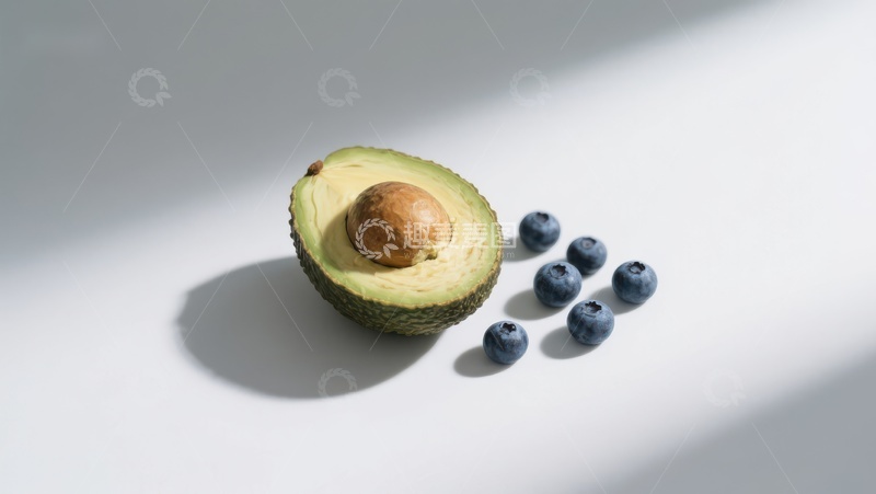 高清大图下载【趣麦麦图】半个牛油果与蓝莓的静物组合