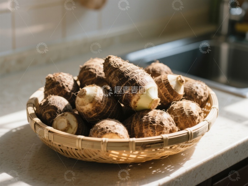 高清大图下载【趣麦麦图】竹篮中的新鲜芋头