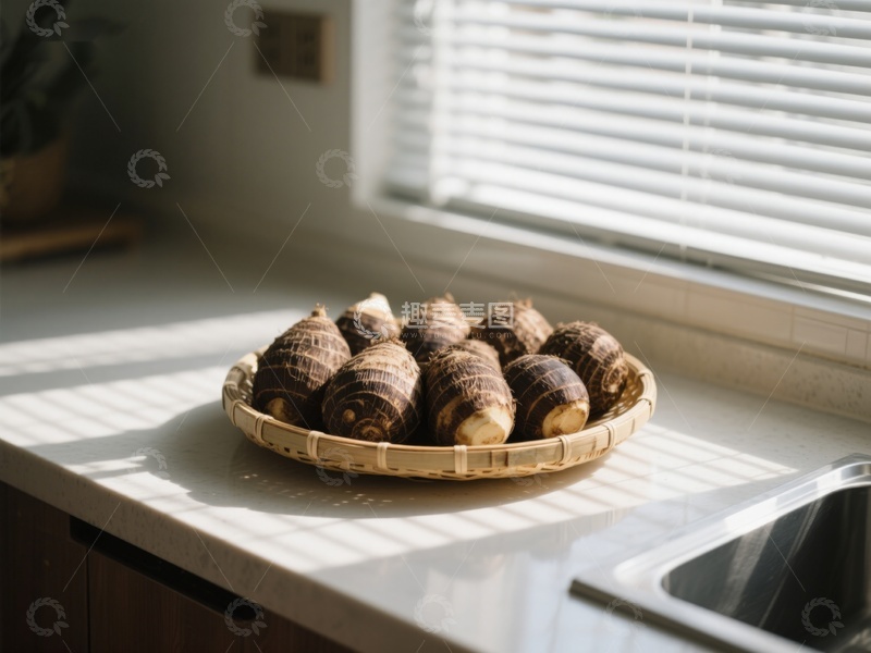 高清大图下载【趣麦麦图】窗边竹篮中的新鲜芋头