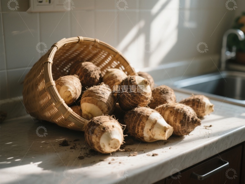 高清大图下载【趣麦麦图】厨房台面上的竹篮芋头