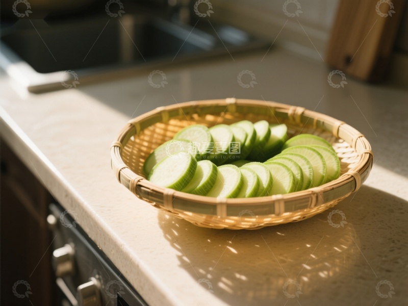 高清大图下载【趣麦麦图】竹篮中的切片黄瓜