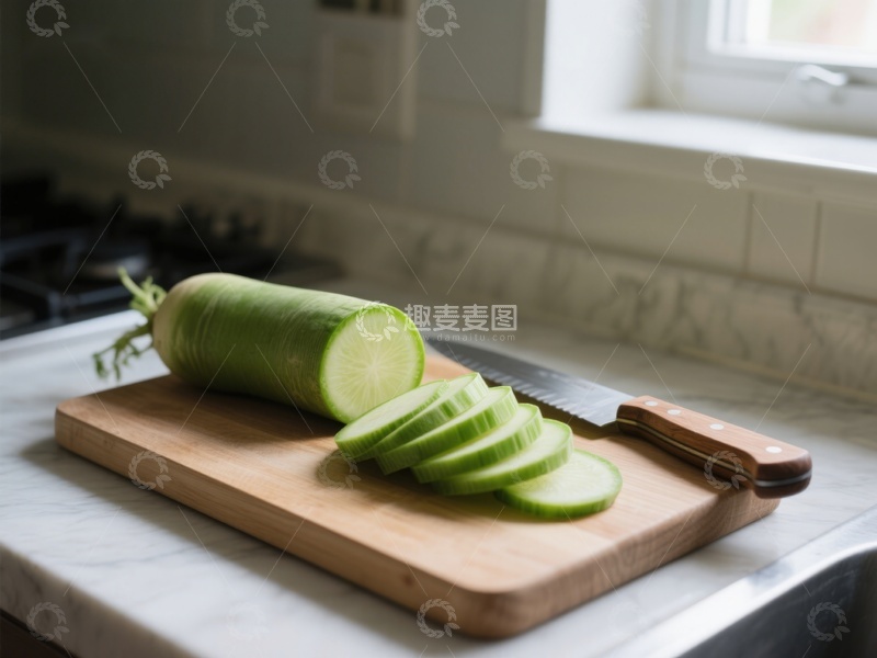 高清大图下载【趣麦麦图】切片黄瓜置于厨房砧板上