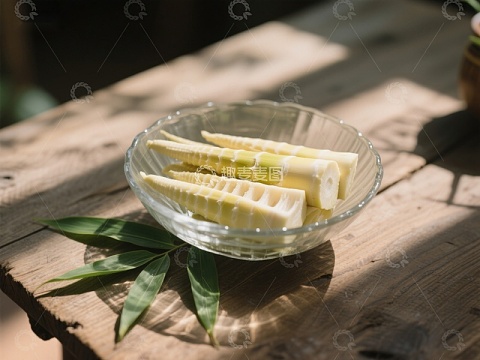 新鲜竹笋切片置于透明碗中
