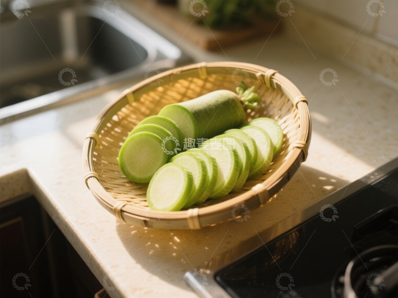 高清大图下载【趣麦麦图】竹篮中的切片青萝卜