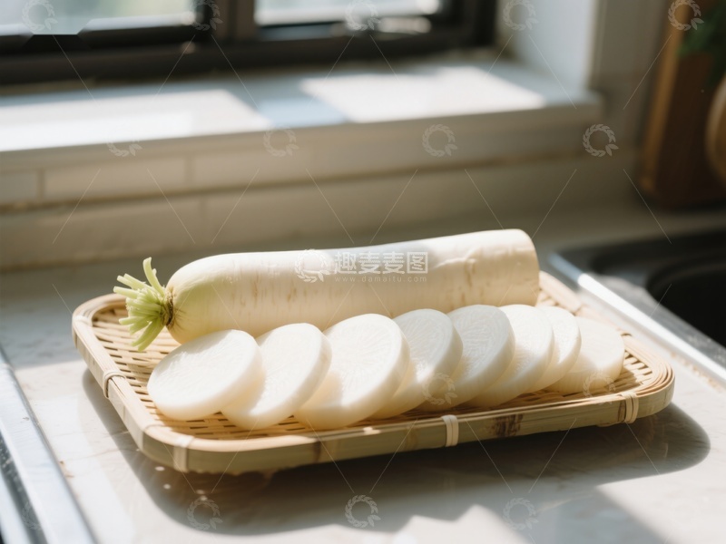 高清大图下载【趣麦麦图】新鲜白萝卜切片置于竹篮中