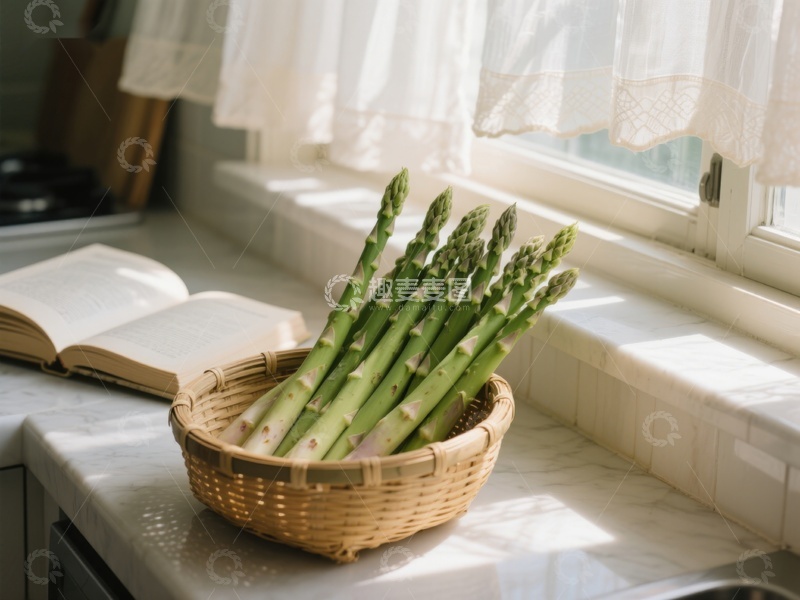 高清大图下载【趣麦麦图】篮子里的芦笋与阳光下的厨房