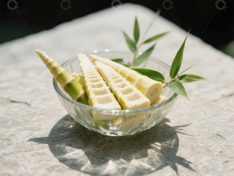 高清大图下载【趣麦麦图】新鲜竹笋切片置于玻璃碗中