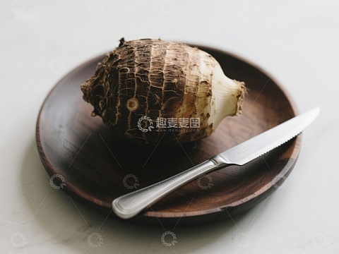 芋头置于木质盘中，配以刀具