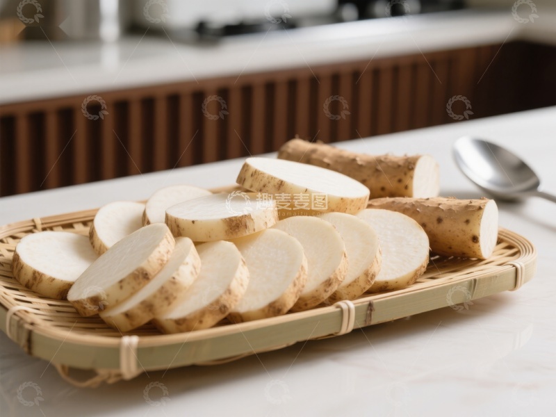 高清大图下载【趣麦麦图】新鲜山药切片摆放在竹制托盘上