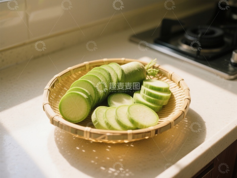 高清大图下载【趣麦麦图】竹篮中的切片黄瓜