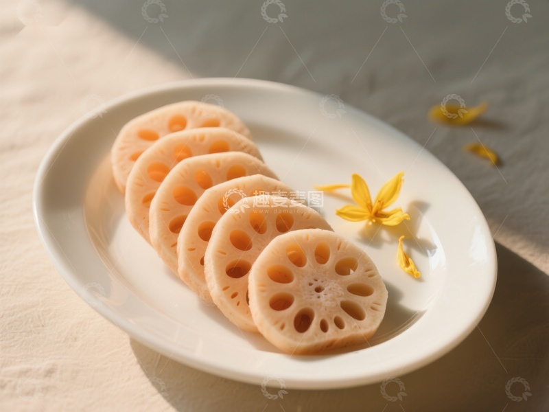 高清大图下载【趣麦麦图】莲藕切片摆盘，点缀黄色花瓣
