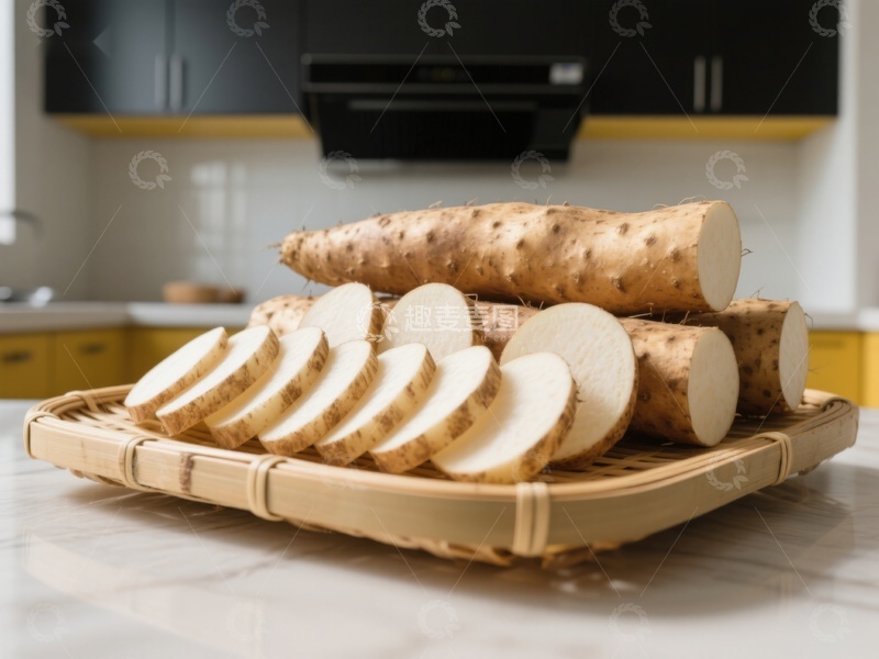 高清大图下载【趣麦麦图】新鲜山药切片置于竹篮中