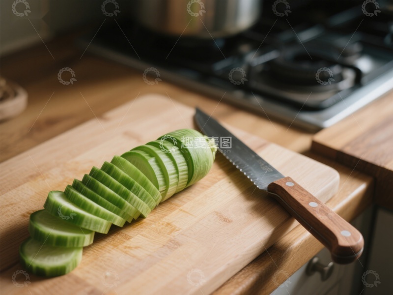 高清大图下载【趣麦麦图】切片黄瓜与刀具置于砧板上