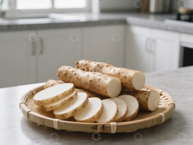 高清大图下载【趣麦麦图】新鲜山药切片置于竹篮中