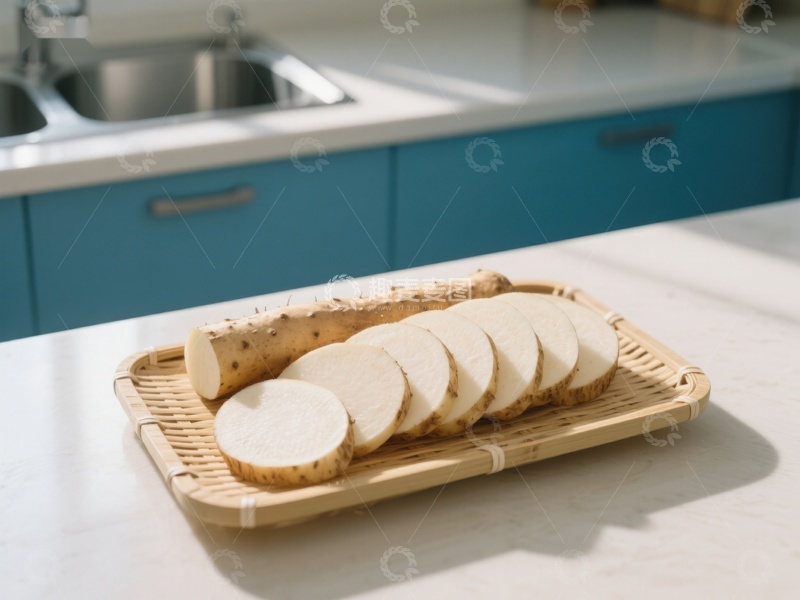 高清大图下载【趣麦麦图】切片山药置于竹盘厨房台面