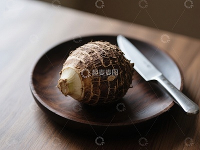 芋头与刀具置于木质盘中