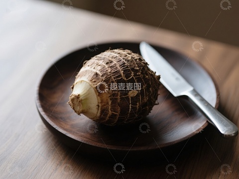 芋头与刀具置于木质盘中