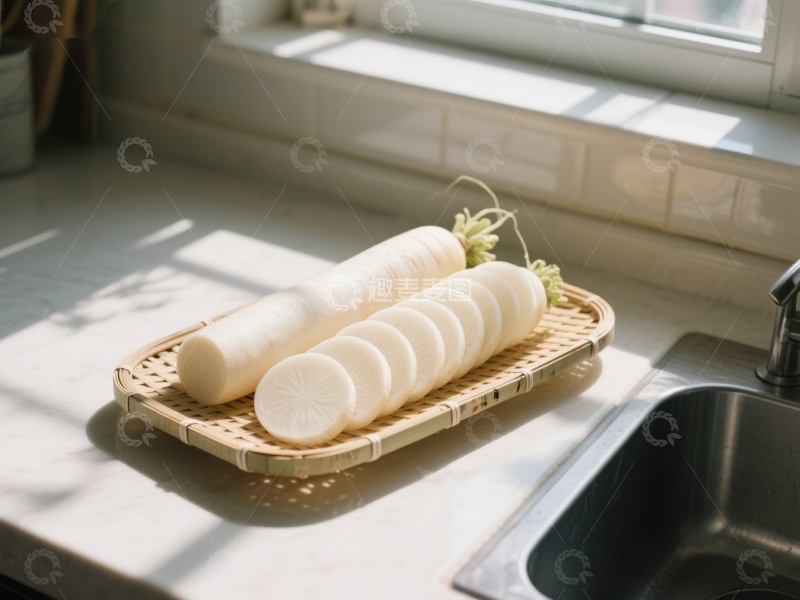 高清大图下载【趣麦麦图】切片白萝卜置于竹篮厨房窗边